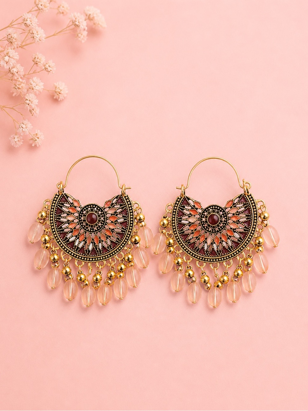 Gold-Tone Peach Bead Filigree Hoop Earrings